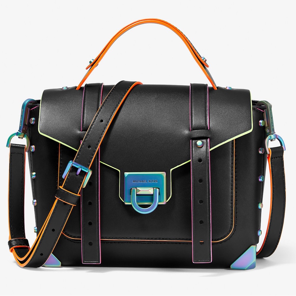 Michael Kors manhattan medium contrast trim leather satchel black NWT